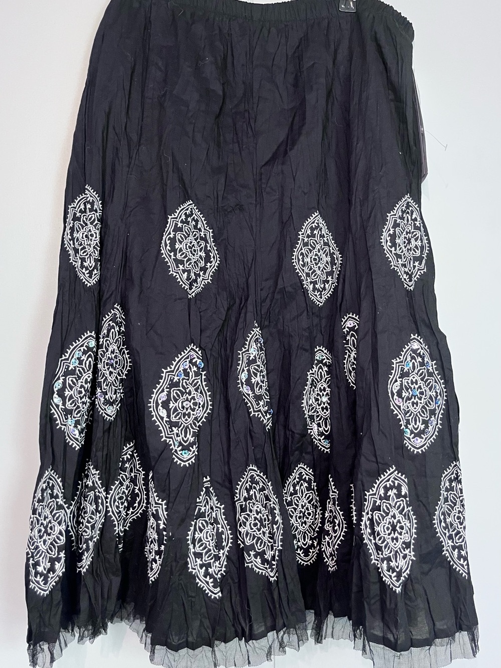 Nygård NWT Black Embroidered Midi Skirt PM Sequins Crinkle Boho
